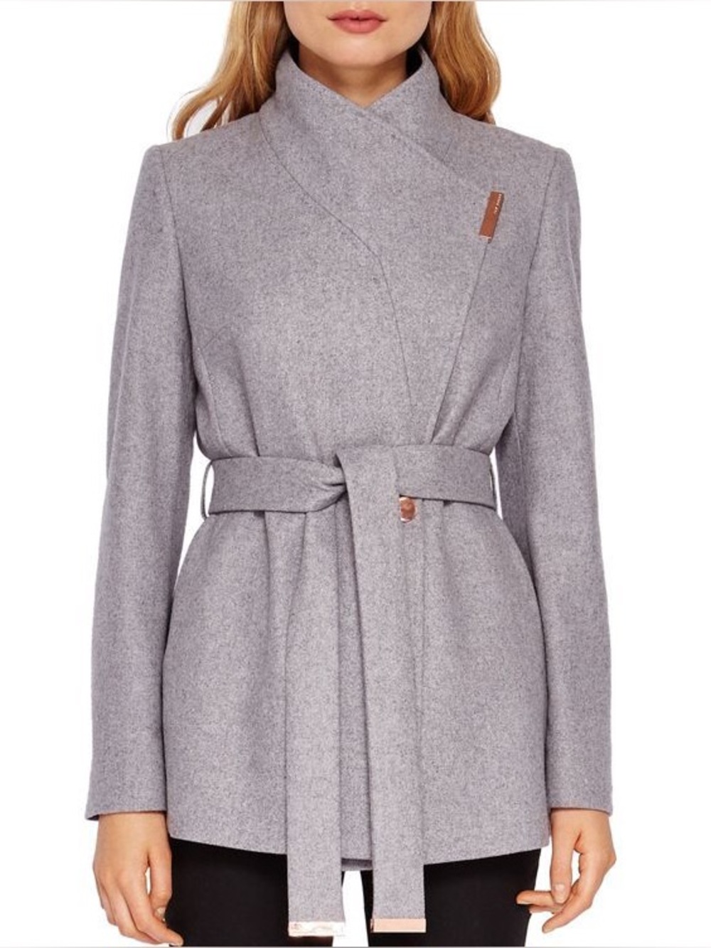 Ted Baker Gray Wool-Blend Pea Coat with Rose-Gold Accents